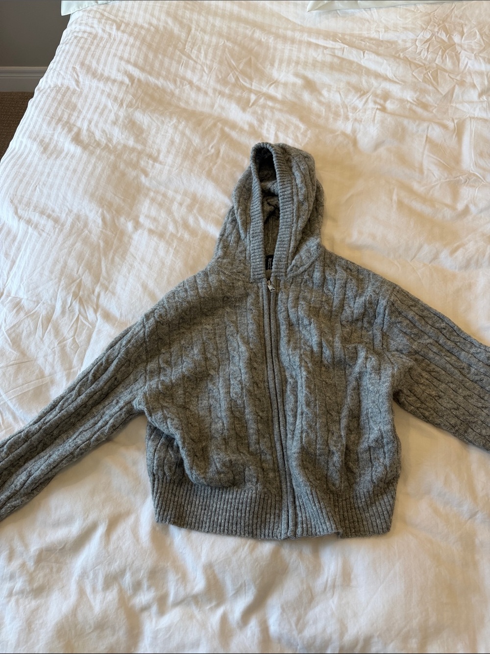 H&M Gray Cable-Knit Hooded Zip Sweater